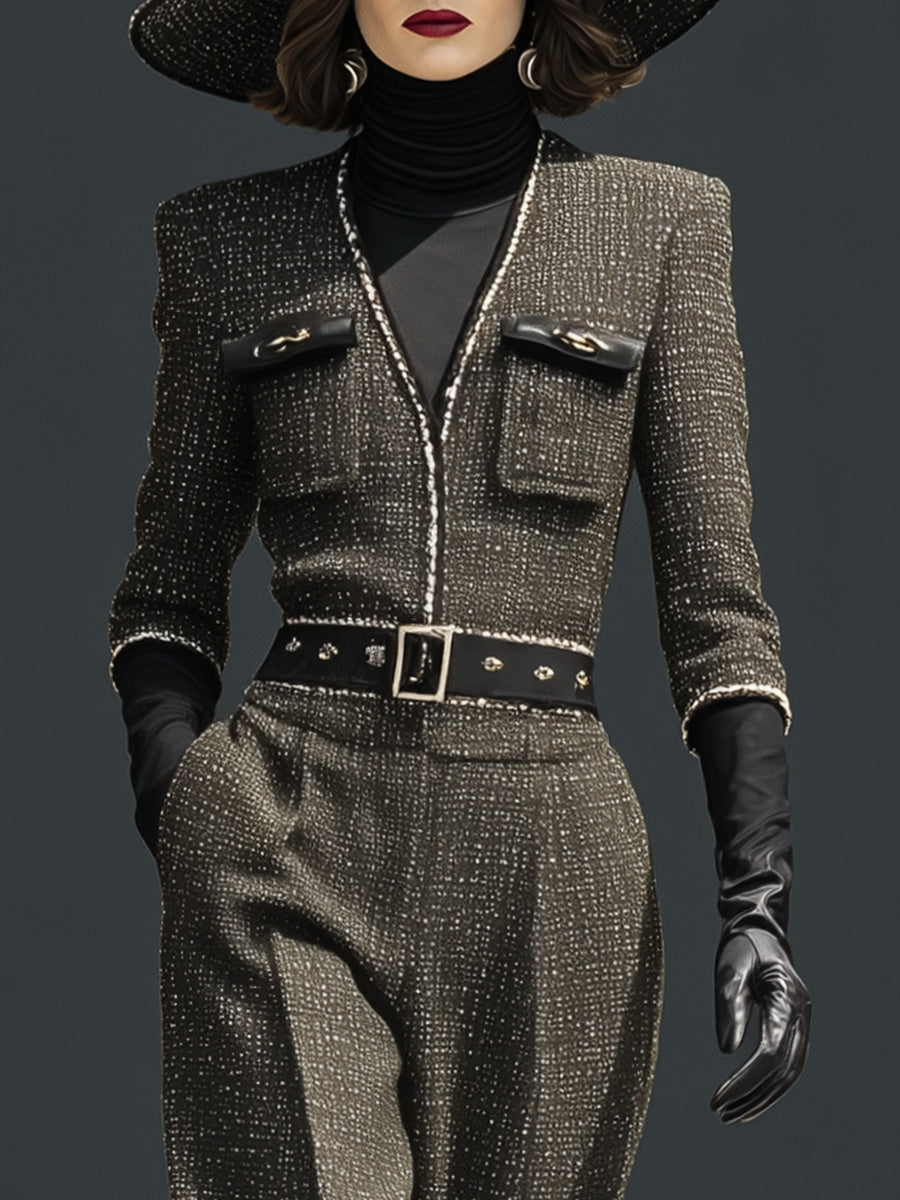 Exquisite Vintage Gray-green Tweed V-neck Silver Trim Three-quarter Sleeve Jumpsuit