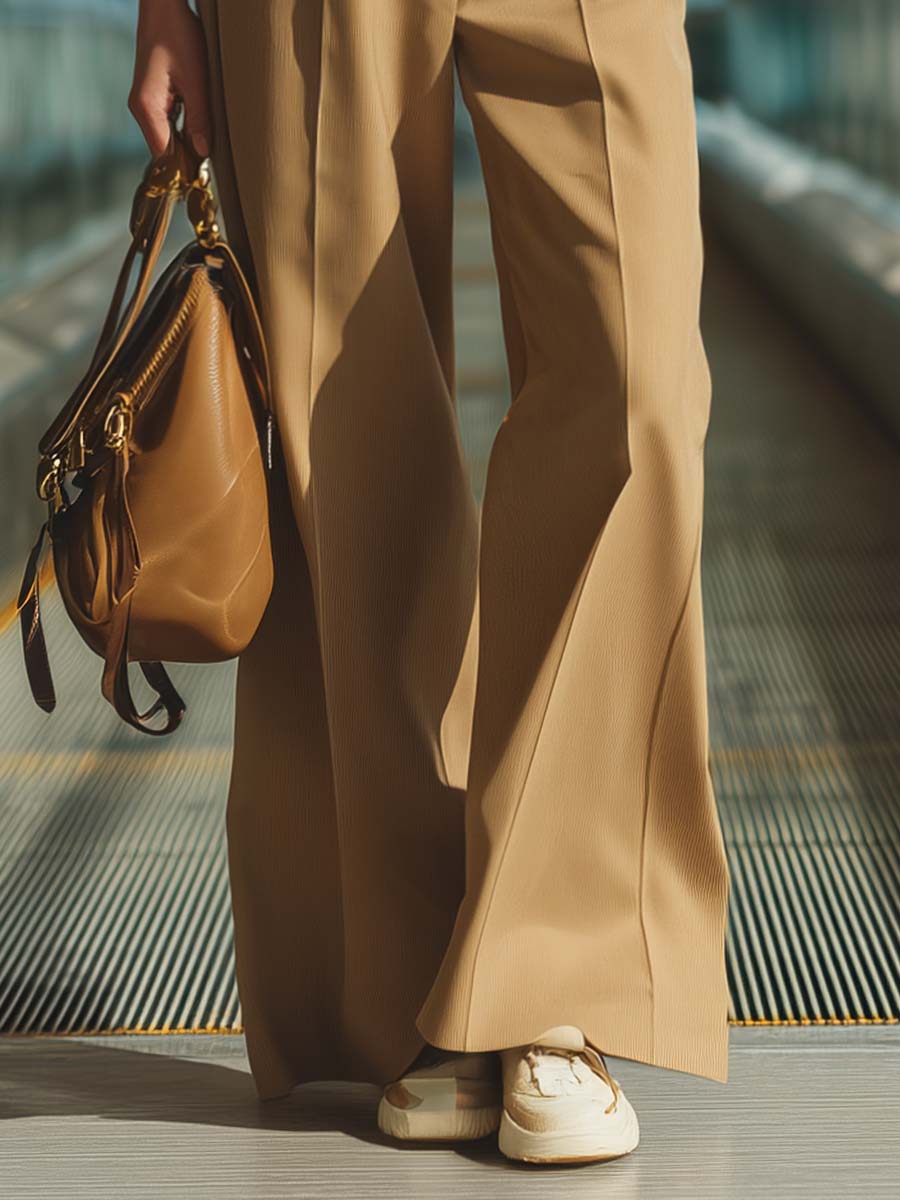 Classic Simple And Versatile Light Brown Worsted Wool Straight-leg Pants
