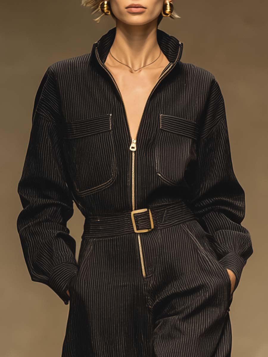 Exquisite Urban Temperament Front Zipper Small Stand Collar Black Ribbed Jumpsuit