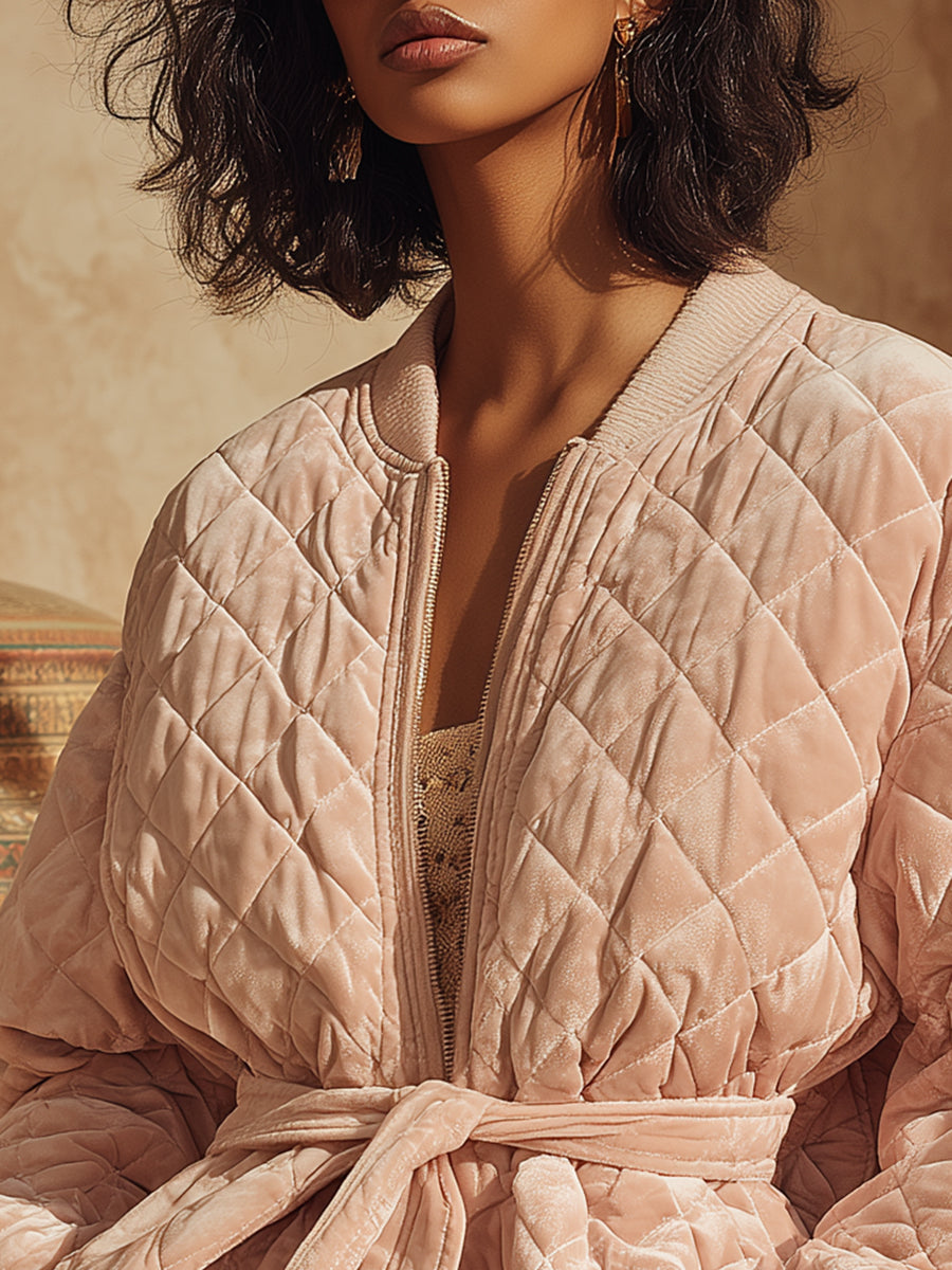 Retro Fashion Round Neck Belted Pink Velvet Quilted Jacket