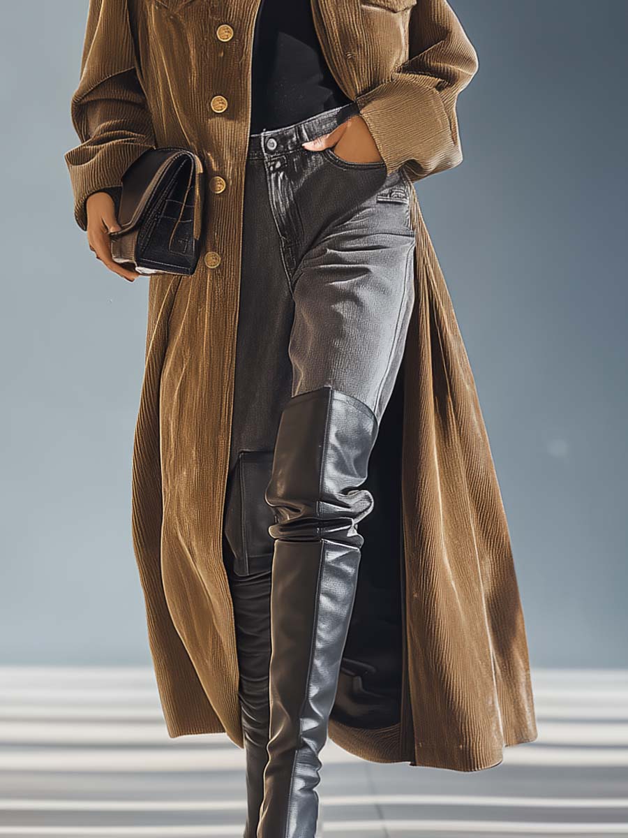 Urban Retro Temperament High Collar Front Metal Button Brown Corduroy Coat