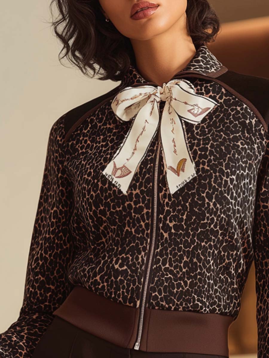 Retro Fashion Sports Lapel Bow Tie Front Zipper Brown Matte Velvet Leopard Print Jacket