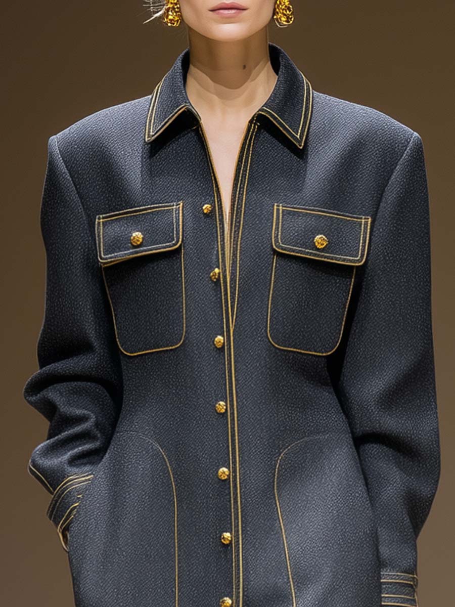 Exquisite Urban Yellow Trim Front Button Gray Herringbone Long Trench Coat