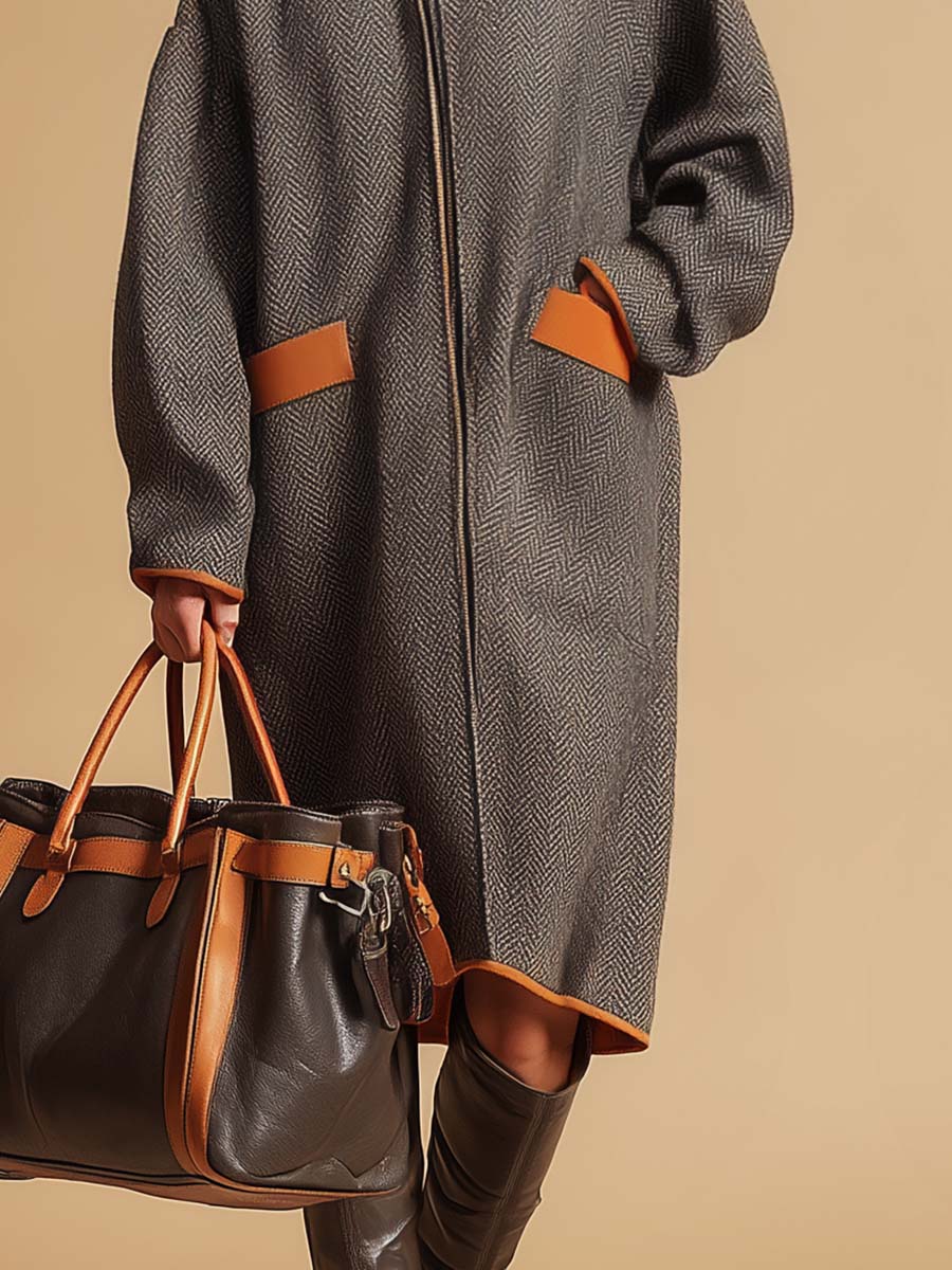 Retro Fashion Lapel Front Zipper Contrast Pockets Gray Herringbone Coat