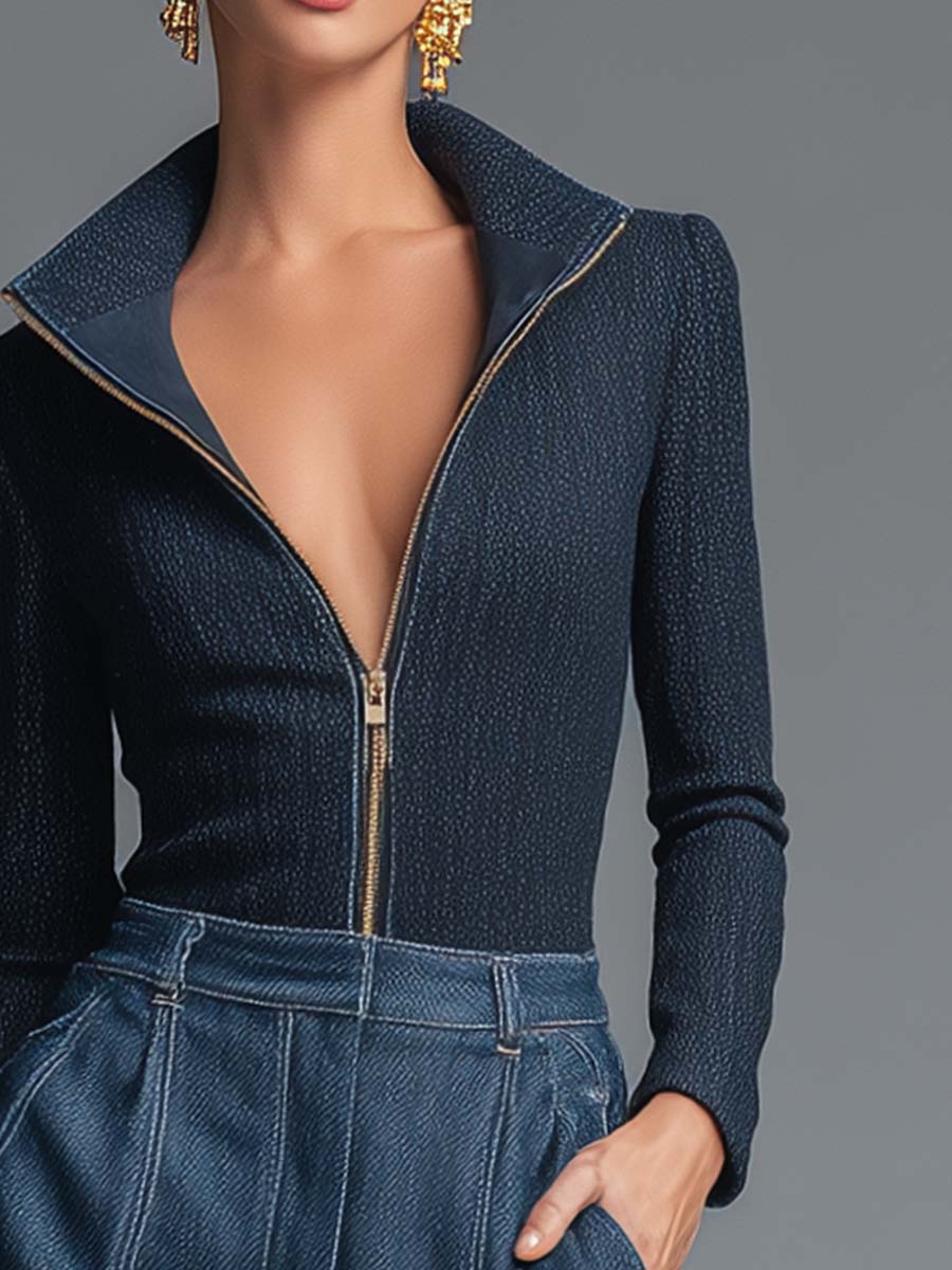 Oakly Fashion™ | Dark Blue Lapel Top