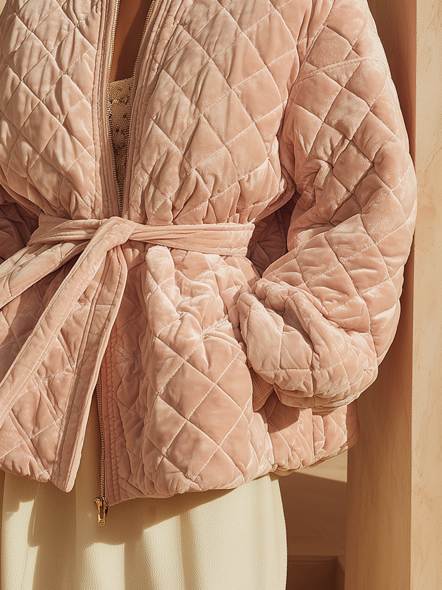 Retro Fashion Round Neck Belted Pink Velvet Quilted Jacket