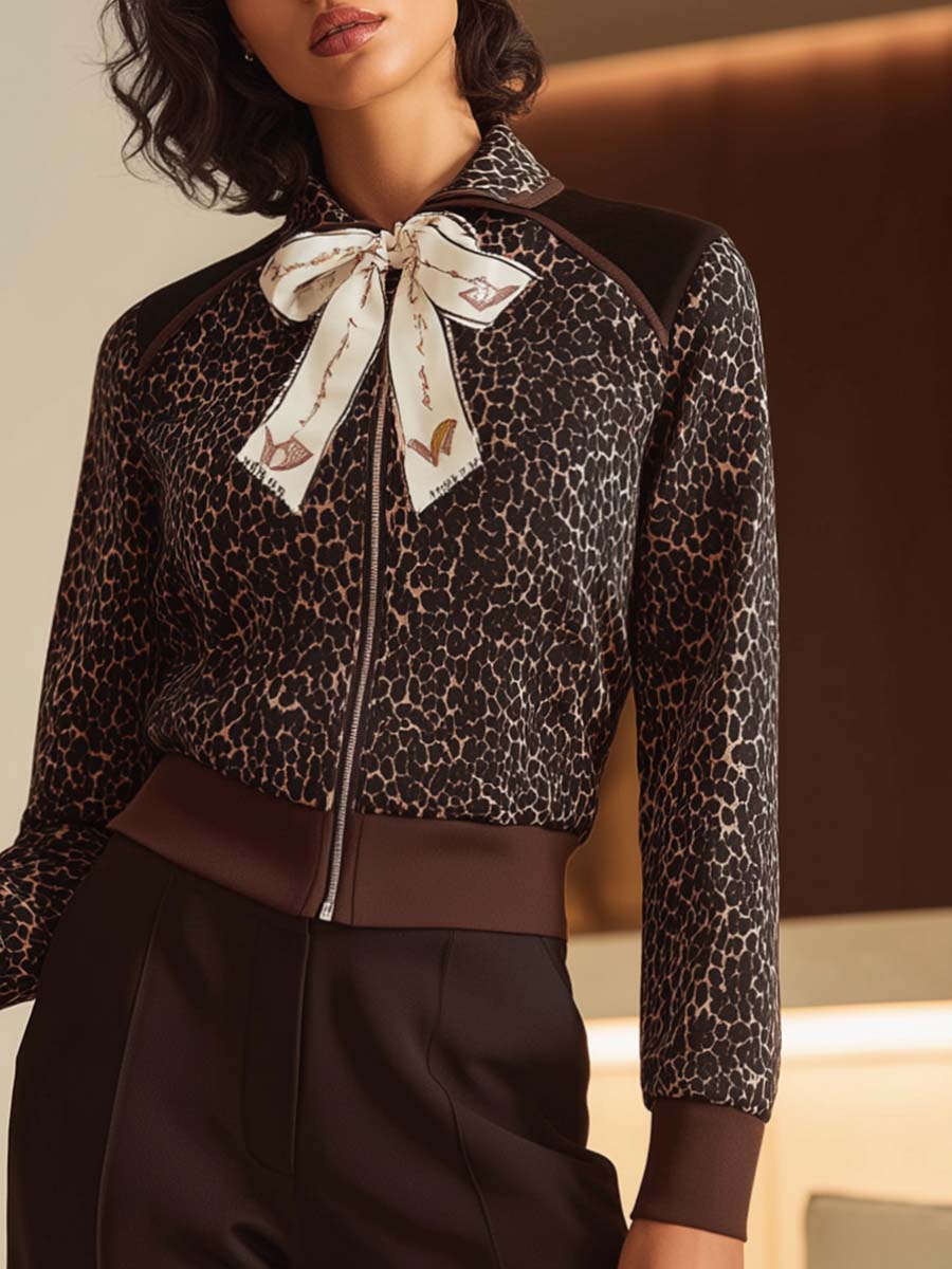 Retro Fashion Sports Lapel Bow Tie Front Zipper Brown Matte Velvet Leopard Print Jacket