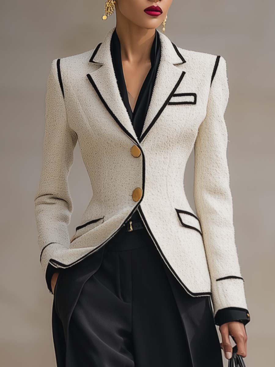 Retro Urban Notch Lapel Single-breasted Metal Button White Tweed X-type Blazer