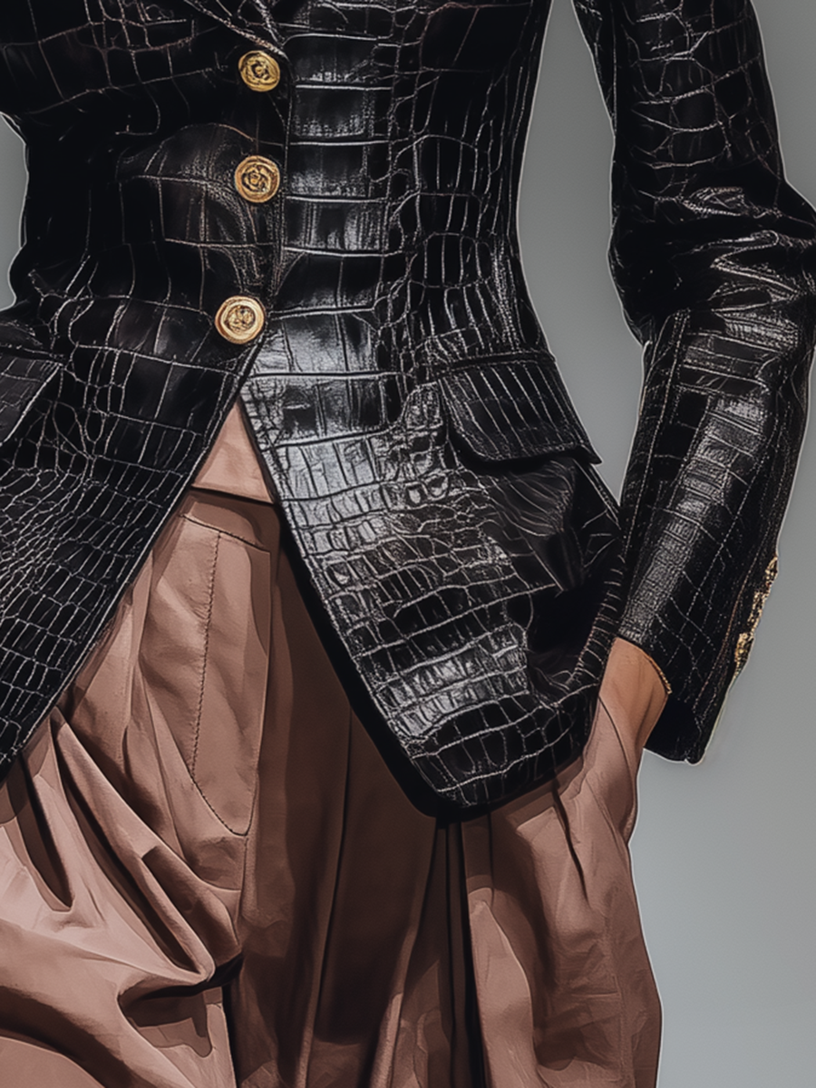 Vintage Faux Crocodile Leather Single-Breasted Blazer