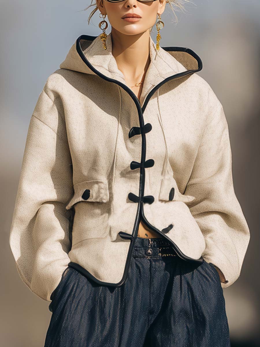 Retro Versatile Black Trim Front Button Off-white Woolen Short Jacket