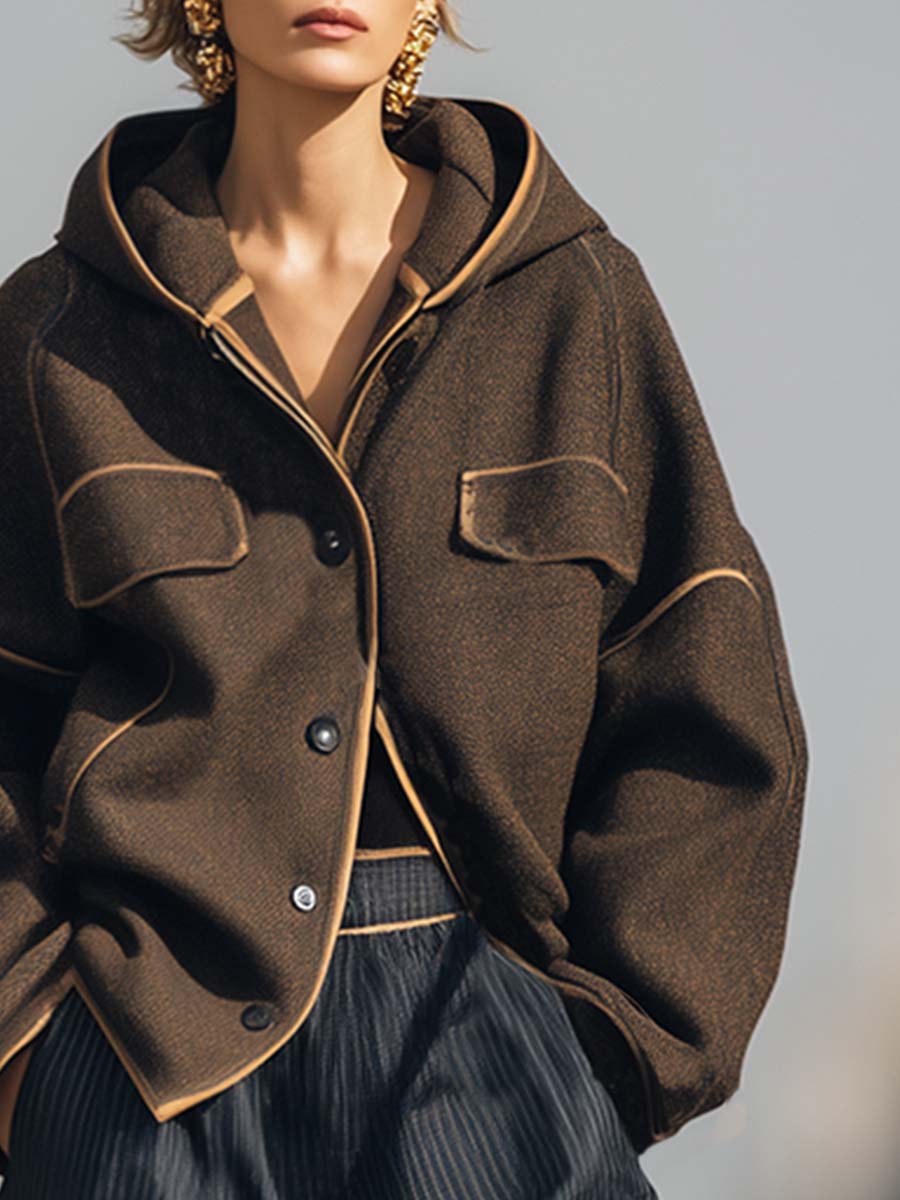 Retro Street Hooded Beige Trim Brown Woolen Loose Jacket