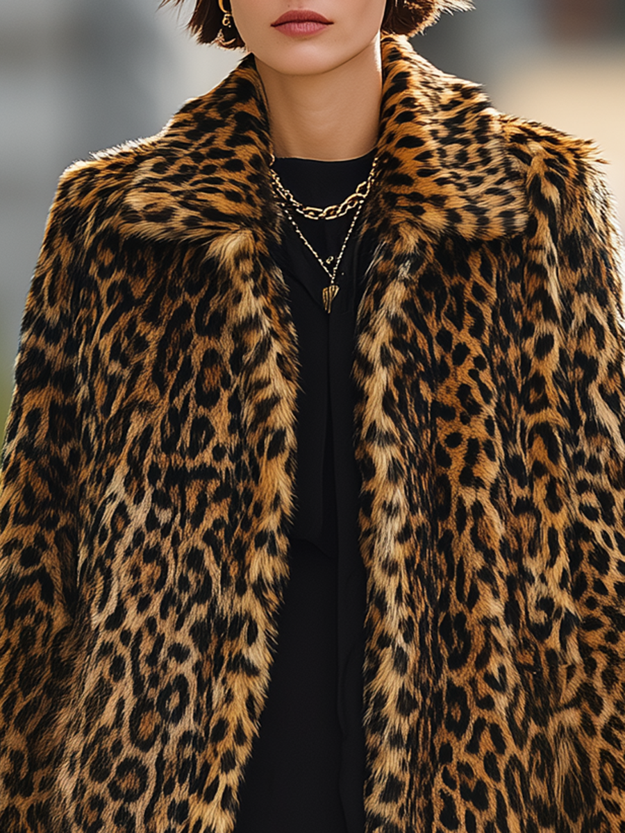 Vintage Leopard Print Faux Fur Midi Coat