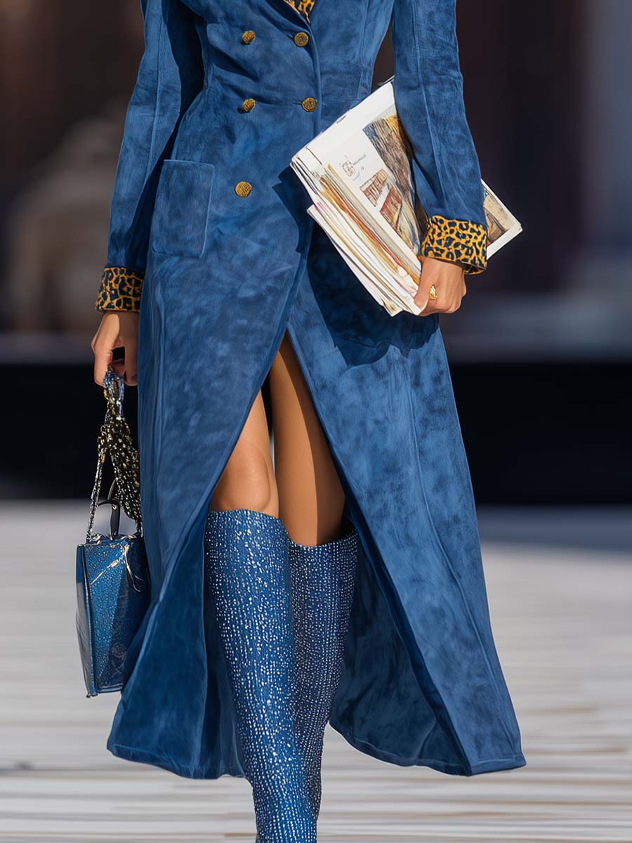 Retro Personality Fashion Brown Leopard Print Notch Lapel Double-breasted Royal Blue Faux Suede Coat