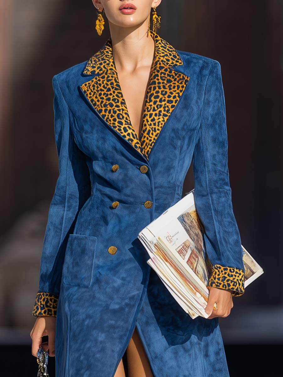 Retro Personality Fashion Brown Leopard Print Notch Lapel Double-breasted Royal Blue Faux Suede Coat