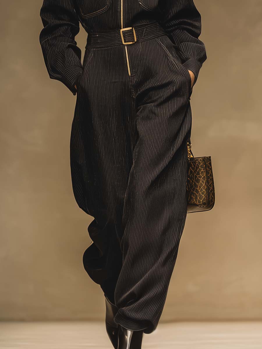 Exquisite Urban Temperament Front Zipper Small Stand Collar Black Ribbed Jumpsuit