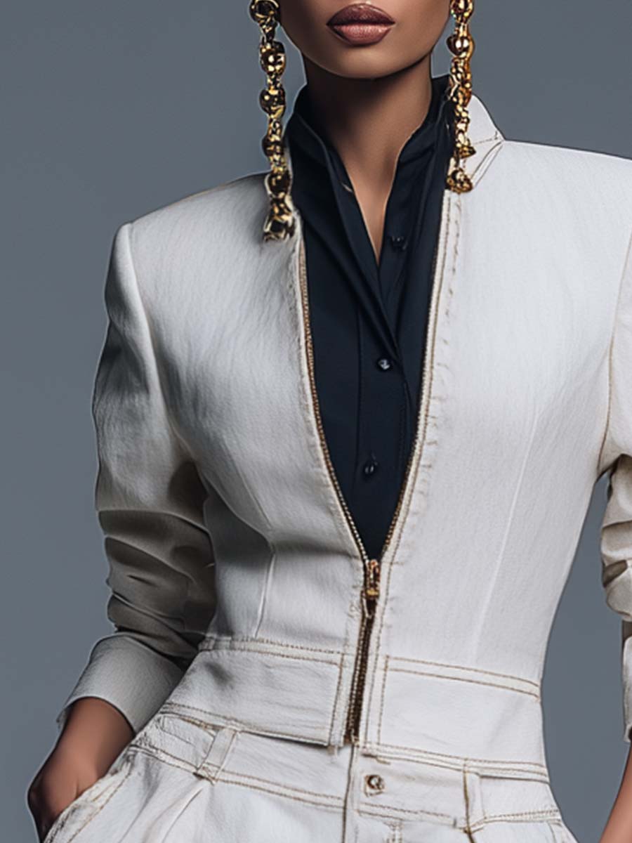 Simple And Versatile Stand-up Collar Front Zipper White Denim Short Jacket