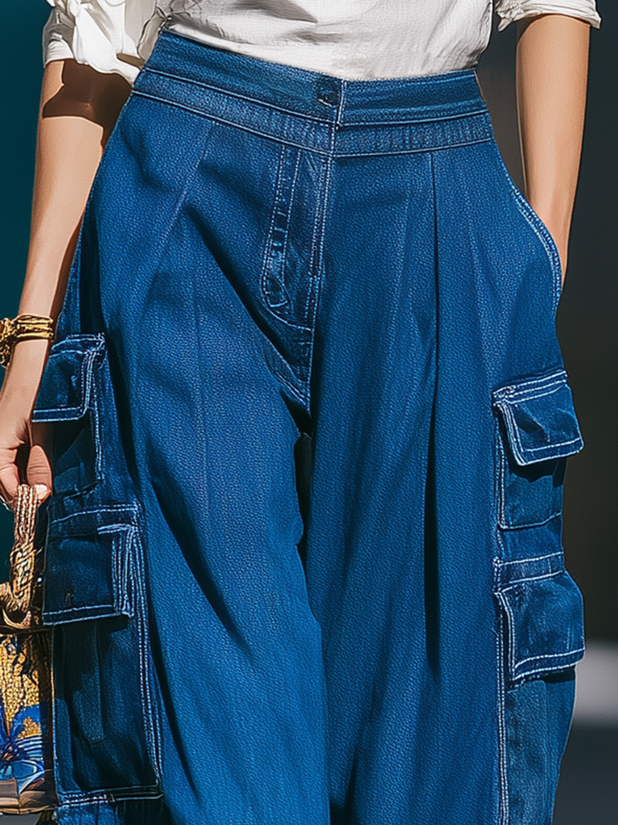 Retro Street Style Multi-Pocket Denim Cargo Pants