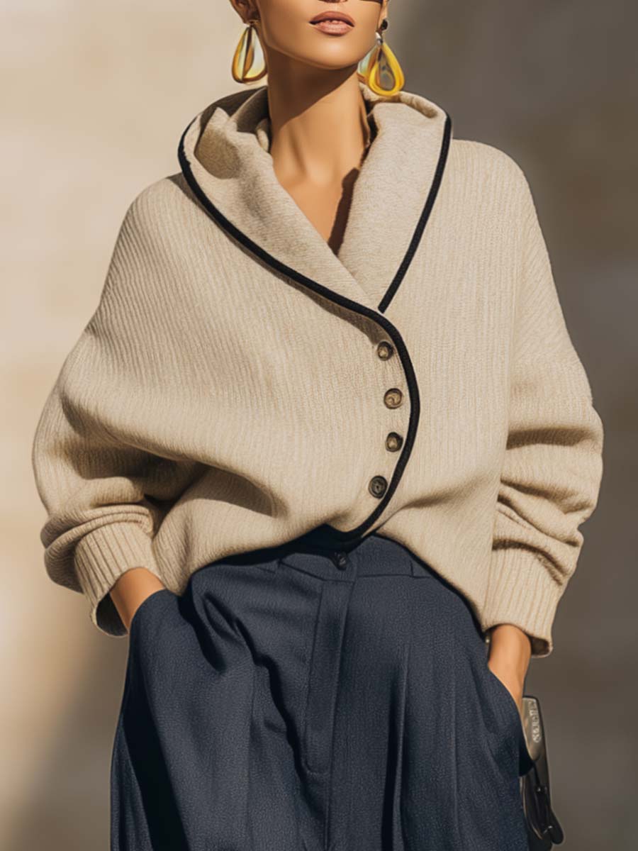 Temperament And Comfortable Lapel Slant Front Button Beige Knitted Cardigan