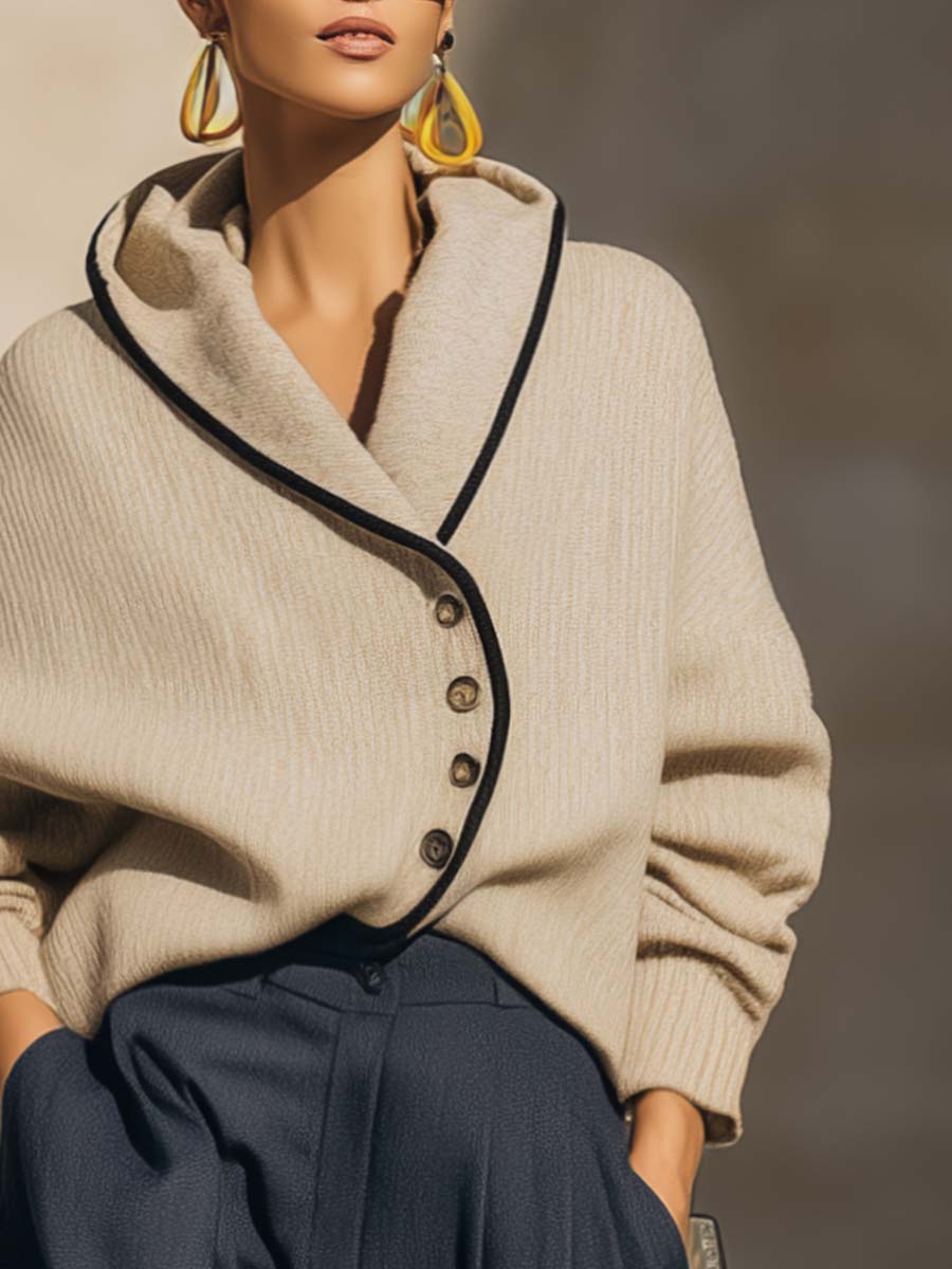 Temperament And Comfortable Lapel Slant Front Button Beige Knitted Cardigan
