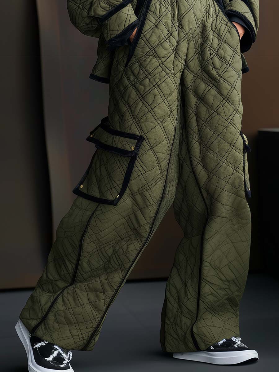 Retro Fashion Black Trim Olive Green Quilted Cotton Wide-leg Pants
