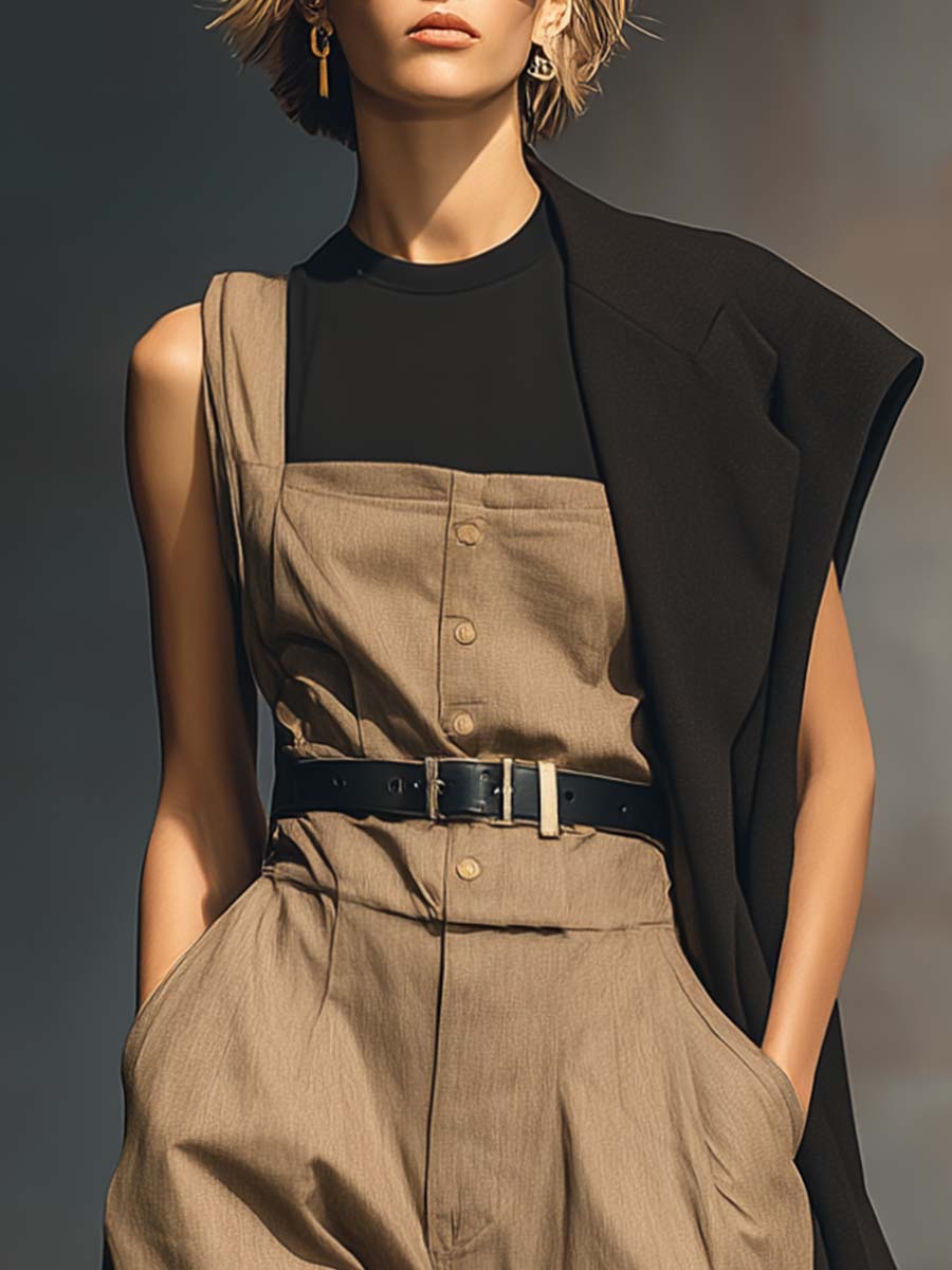 Temperament Versatile Urban Brown Square Collar Front Buckle Belt Jumpsuit