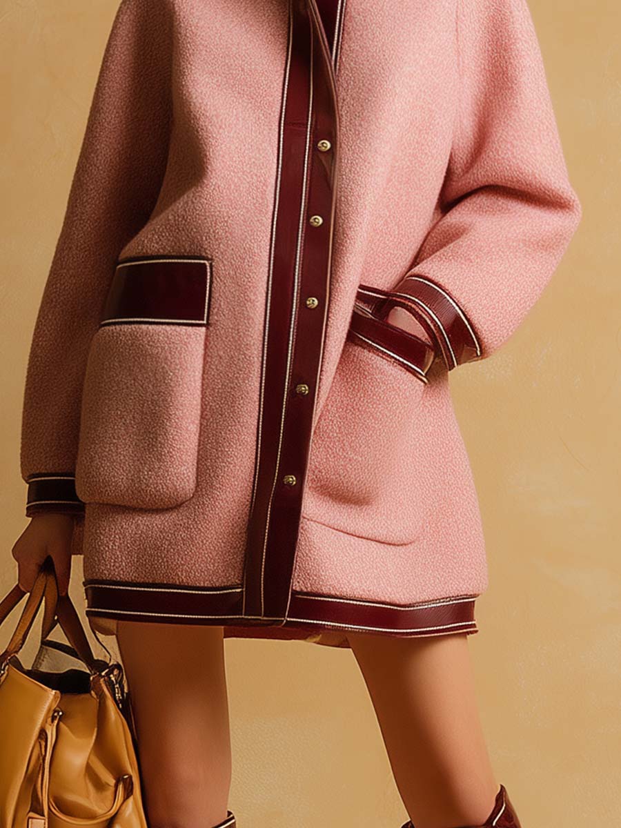 Retro Fashion Lapel Front Button Burgundy Leather Trim Pink Mini Coat
