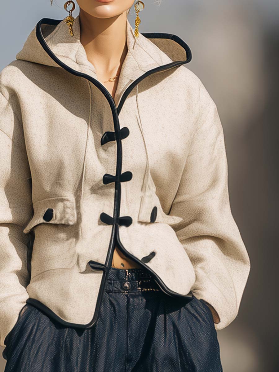 Retro Versatile Black Trim Front Button Off-white Woolen Short Jacket