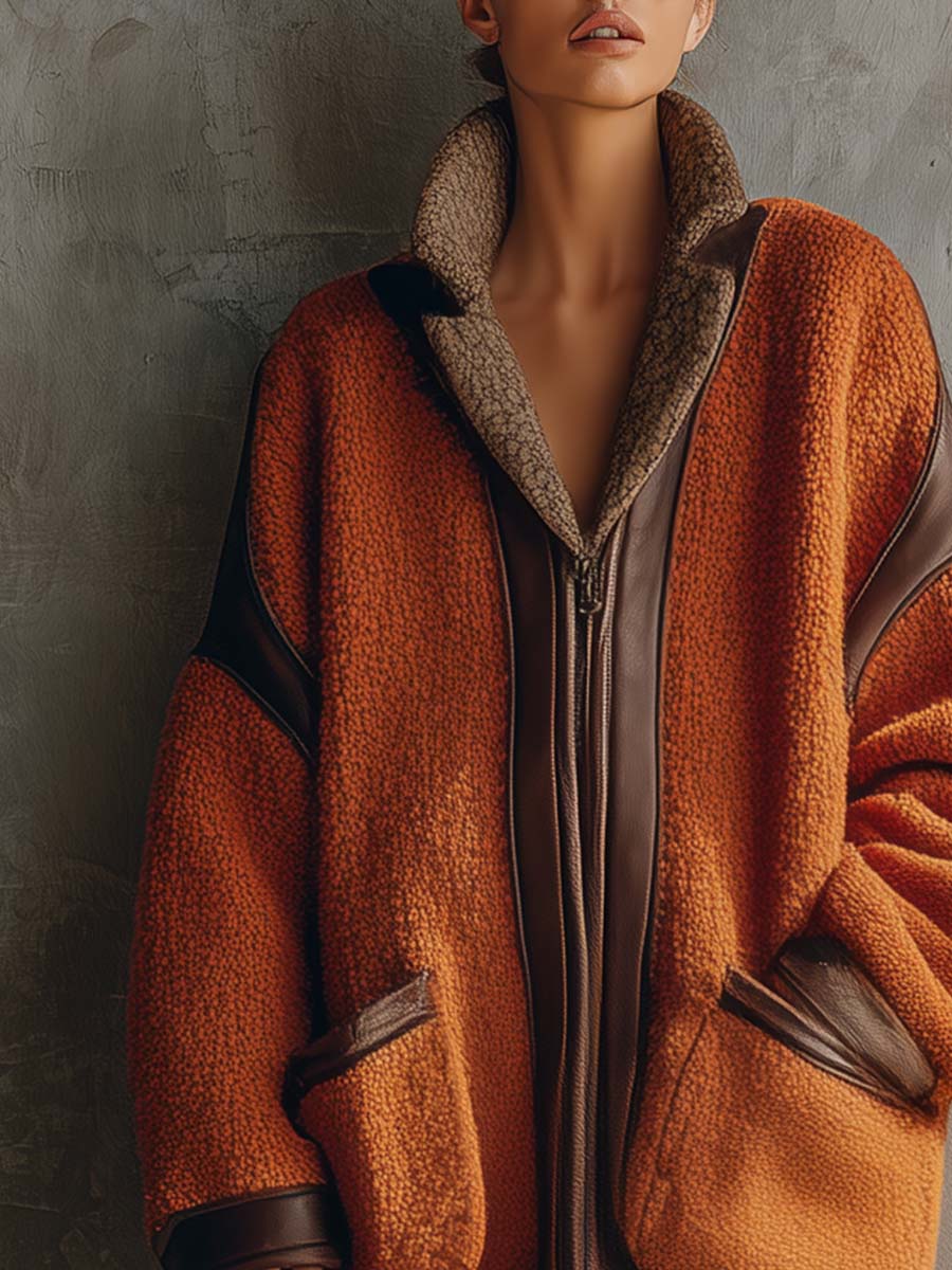 Retro Fashion Loose Contrast Lapel Leather Trim Front Zipper Orange Polar Fleece Coat