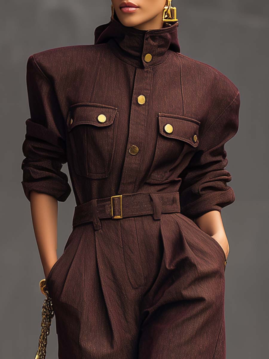 Vintage Stylish Handsome Wide Shoulder Stand Collar Front Button Brown Red Jumpsuit