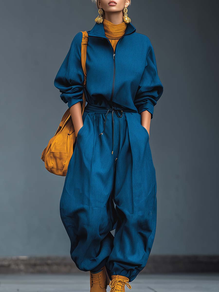 Casual Fashion Lapel Front Zipper Scimitar Wide Pants Royal Blue Cotton Jumpsuit