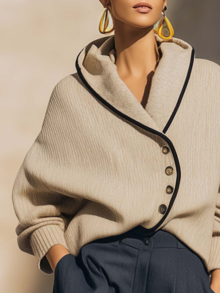 Temperament And Comfortable Lapel Slant Front Button Beige Knitted Cardigan