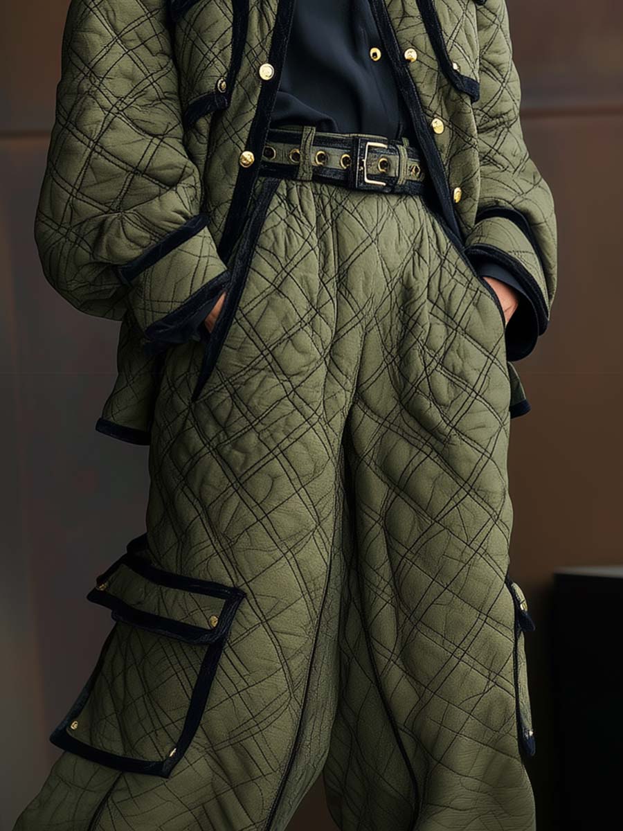 Retro Fashion Black Trim Olive Green Quilted Cotton Wide-leg Pants