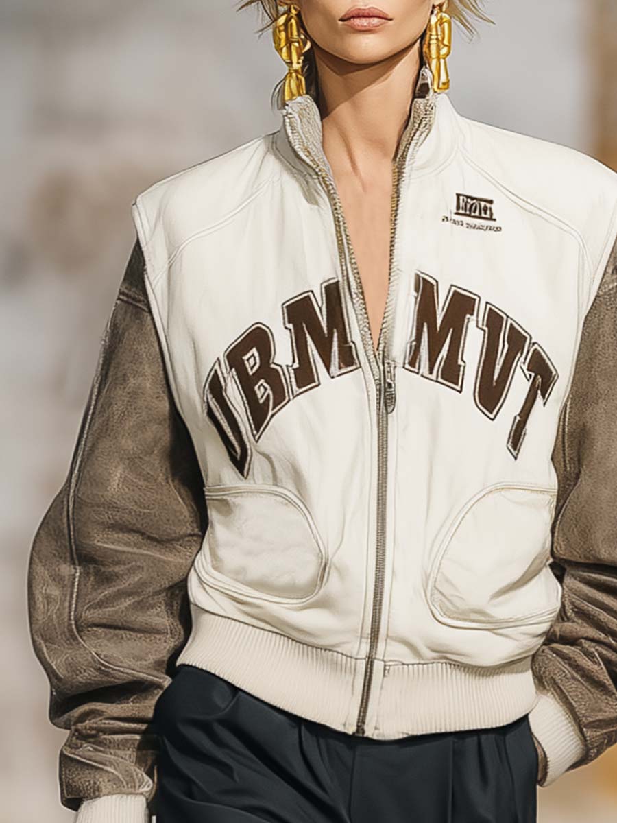 Retro Fashion Sports Lapel Front Zipper Contrast Sleeves Beige Baseball Jacket