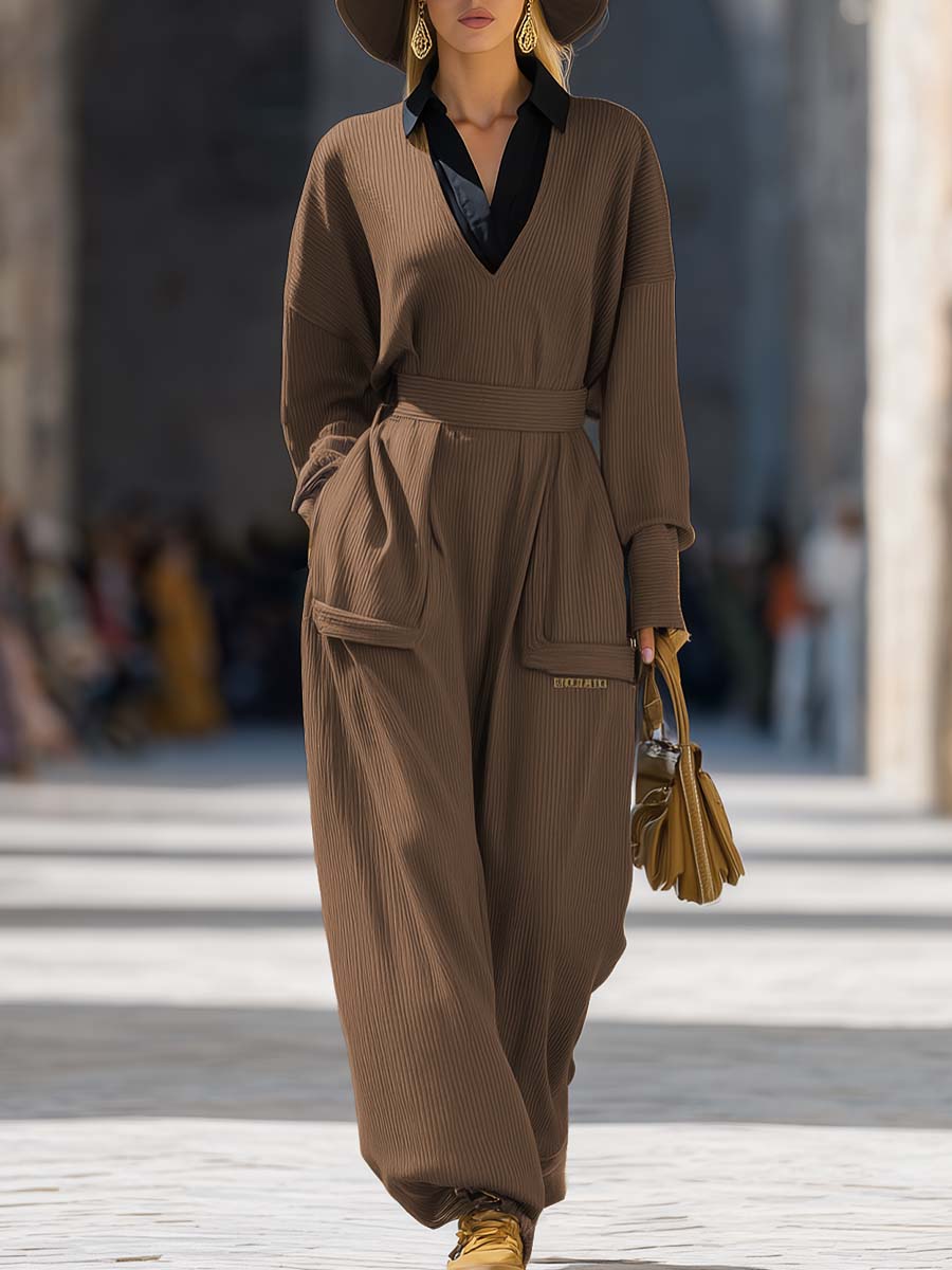 Exquisite Casual V-neck Long-sleeved Brown Knitted Jumpsuit