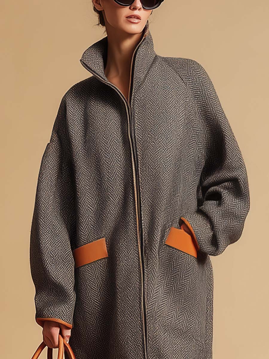 Retro Fashion Lapel Front Zipper Contrast Pockets Gray Herringbone Coat