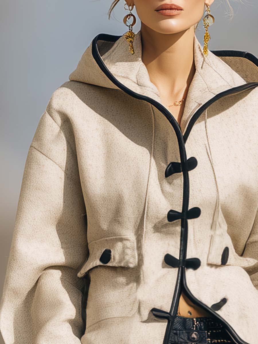 Retro Versatile Black Trim Front Button Off-white Woolen Short Jacket