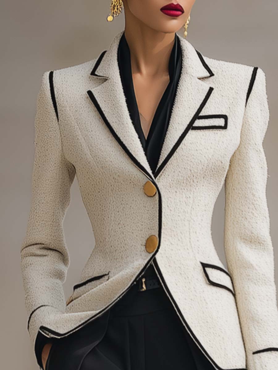 Retro Urban Notch Lapel Single-breasted Metal Button White Tweed X-type Blazer