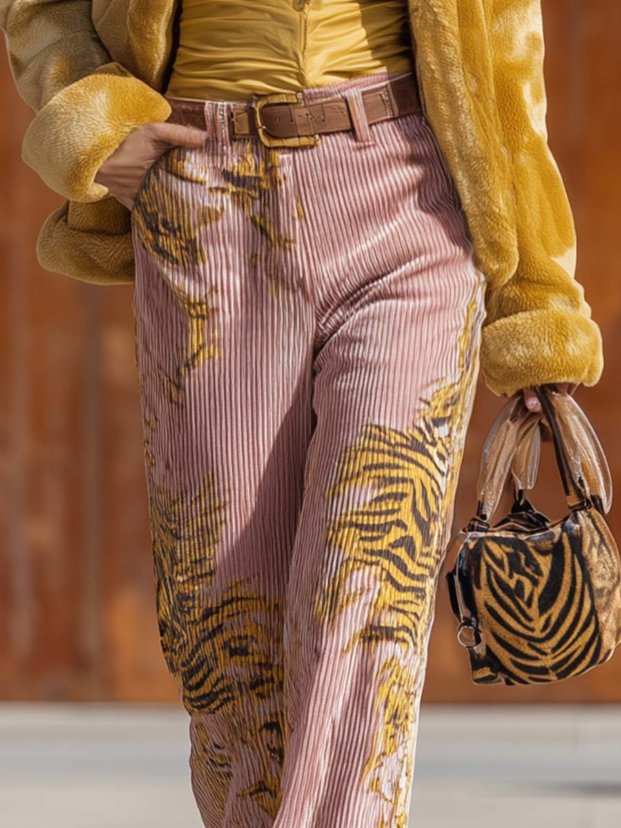 Retro Personality Versatile Street Pink Textured Velvet Tiger Print Pants