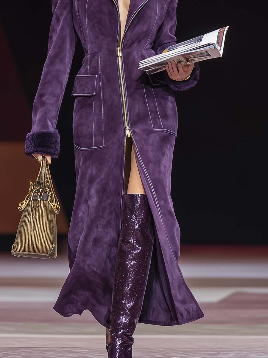 Retro Fashion Exquisite Street Style Large Lapel Front Zipper Dark Purple Faux Suede Slit Coat