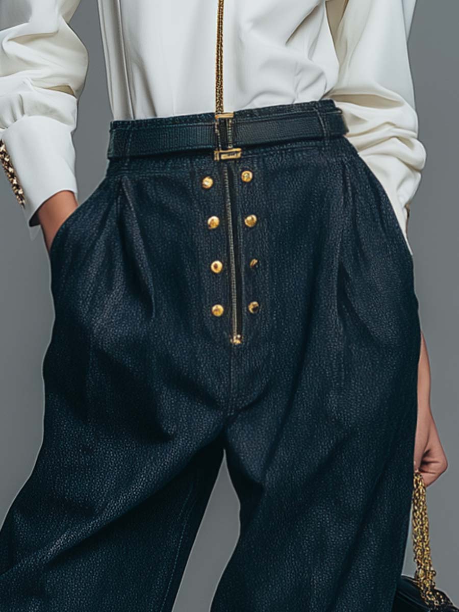 Exquisite And Versatile Urban Metal Studs Decorated Dark Blue Denim Cropped Pants