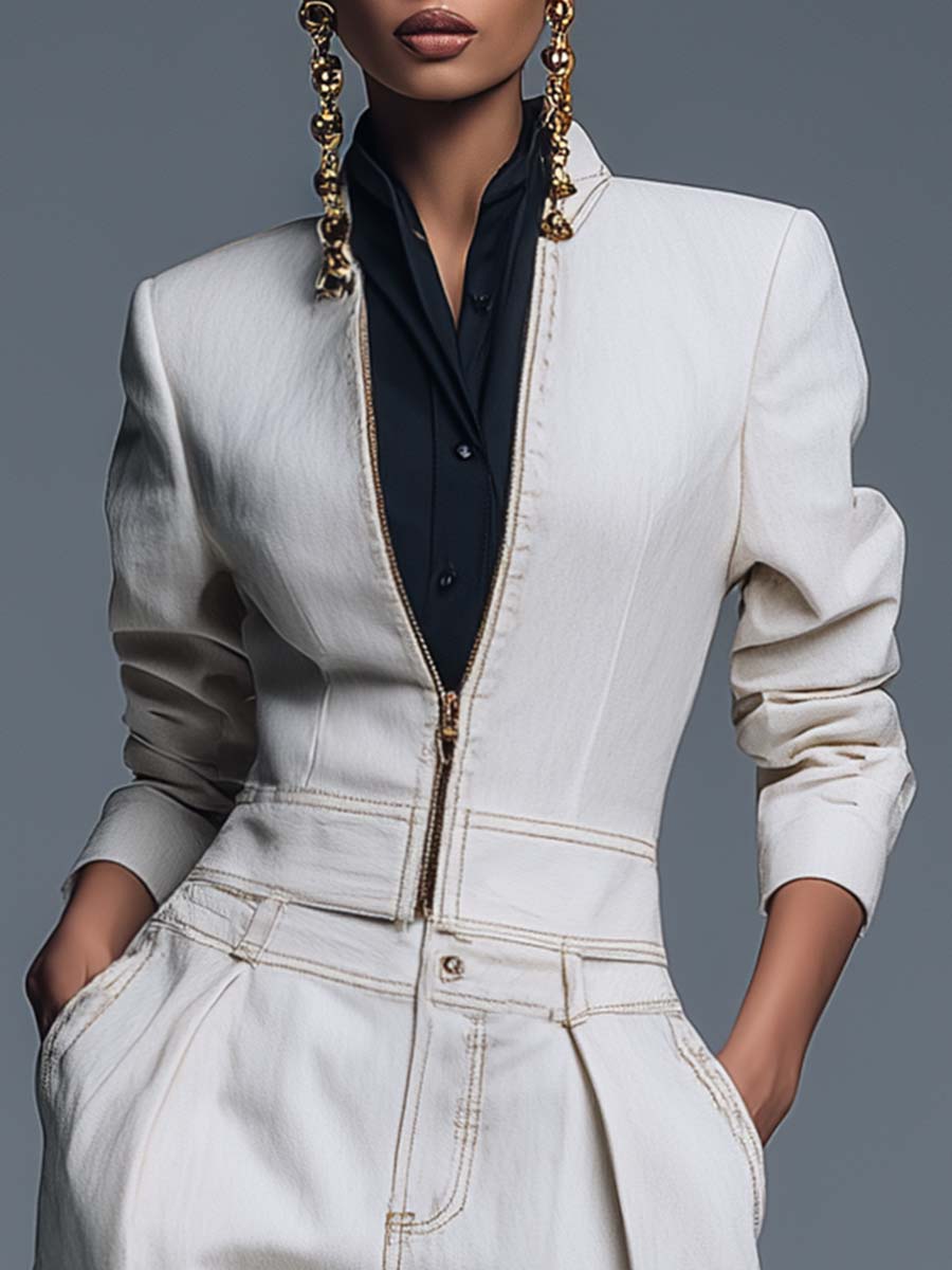 Simple And Versatile Stand-up Collar Front Zipper White Denim Short Jacket
