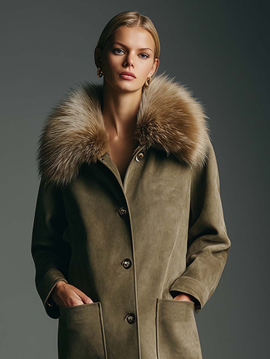 Retro Fashion Green Double Pocket Faux Suede Fur Collar Coat