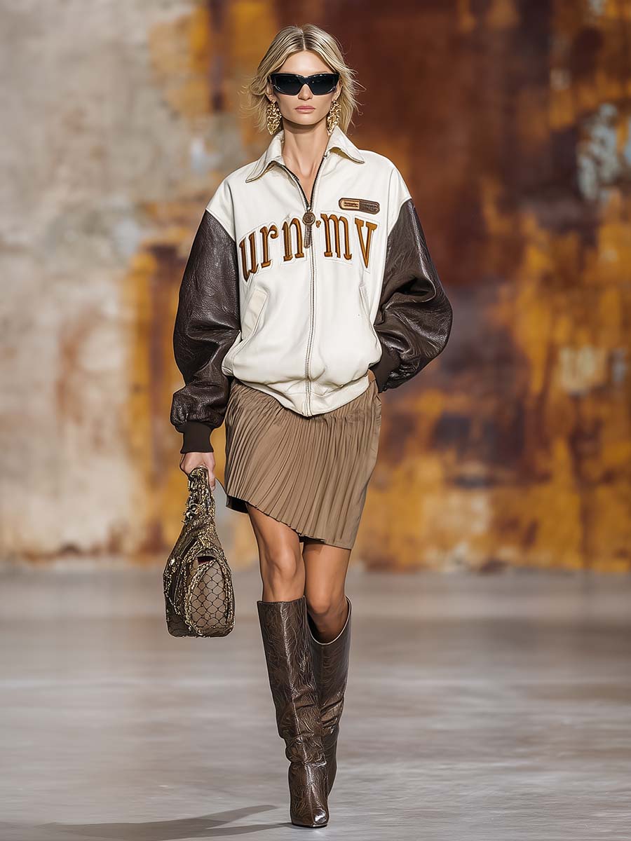 Retro Exquisite Sports Lapel Front Zipper Letter Embroidery Contrast Sleeve Baseball Jacket