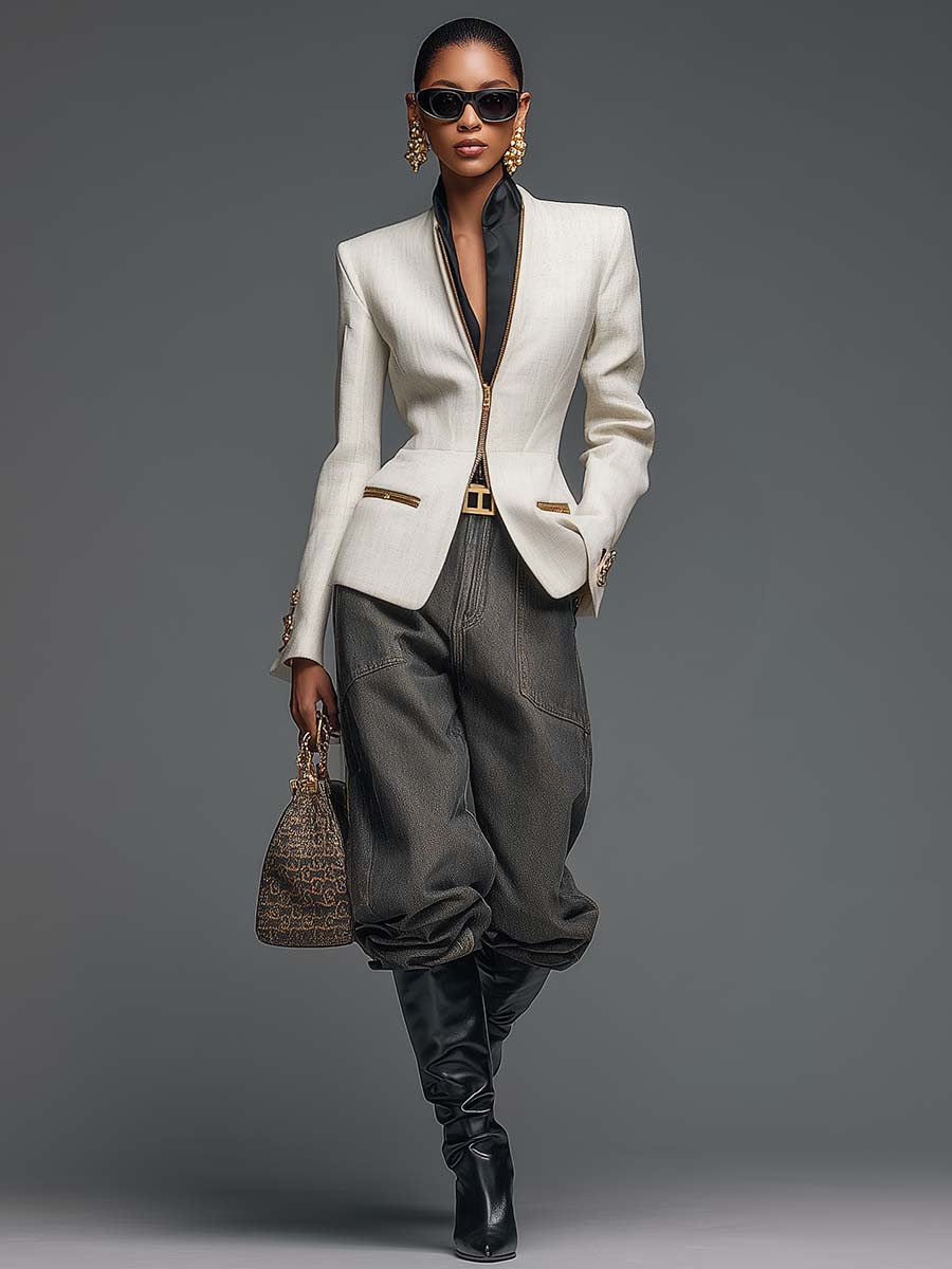 Exquisite Urban Versatile V-neck Front Zipper White X-shaped Suit Jacket