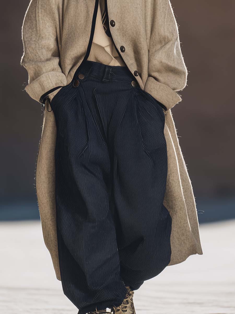 Retro Versatile Street Hooded Black Trim Beige Wool Loose Coat