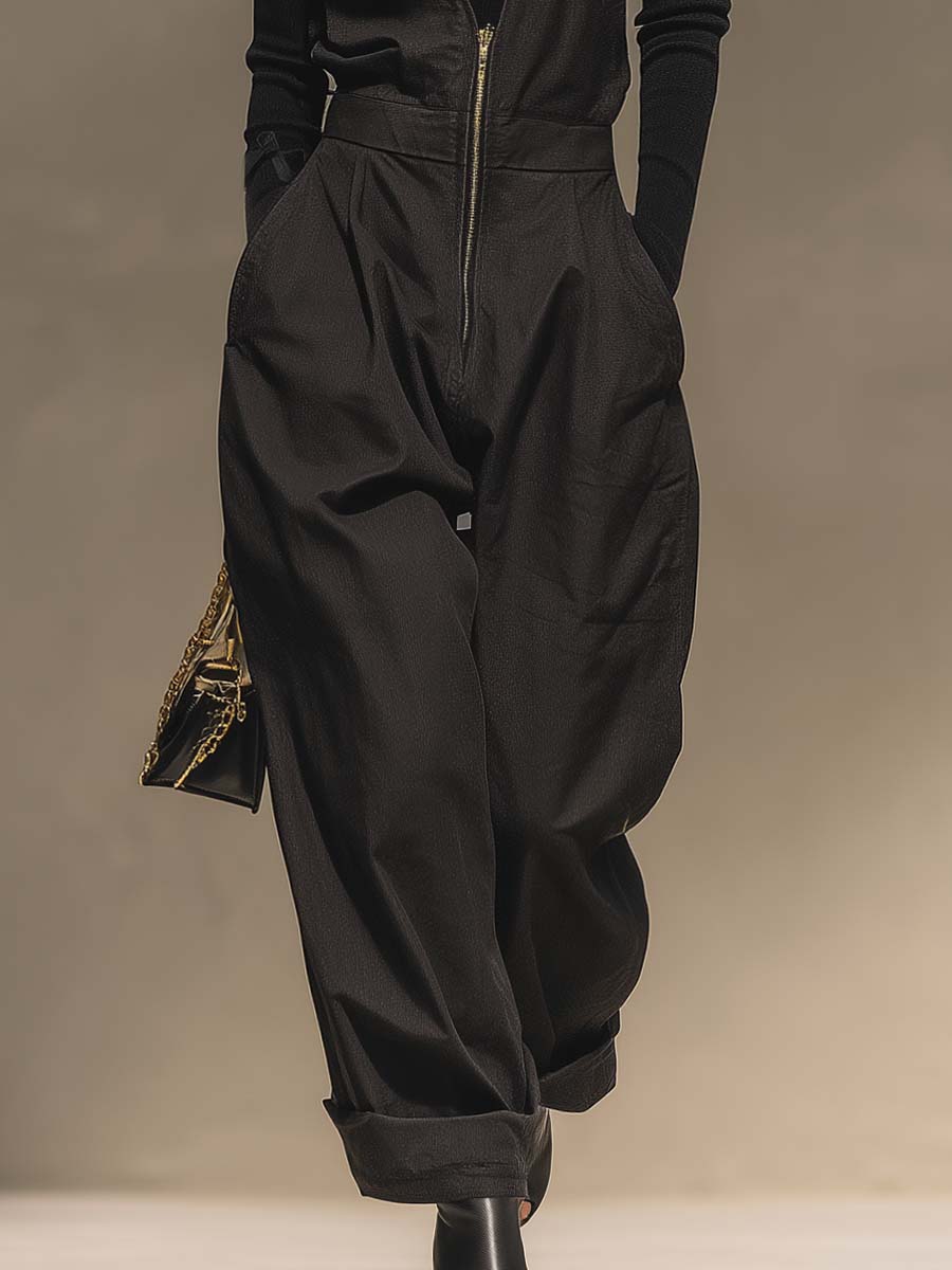 Casual Simple Versatile Fashionable V-neck Front Zipper Black High-quality Denim Overalls