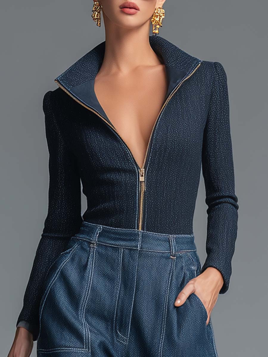 Oakly Fashion™ | Dark Blue Lapel Top