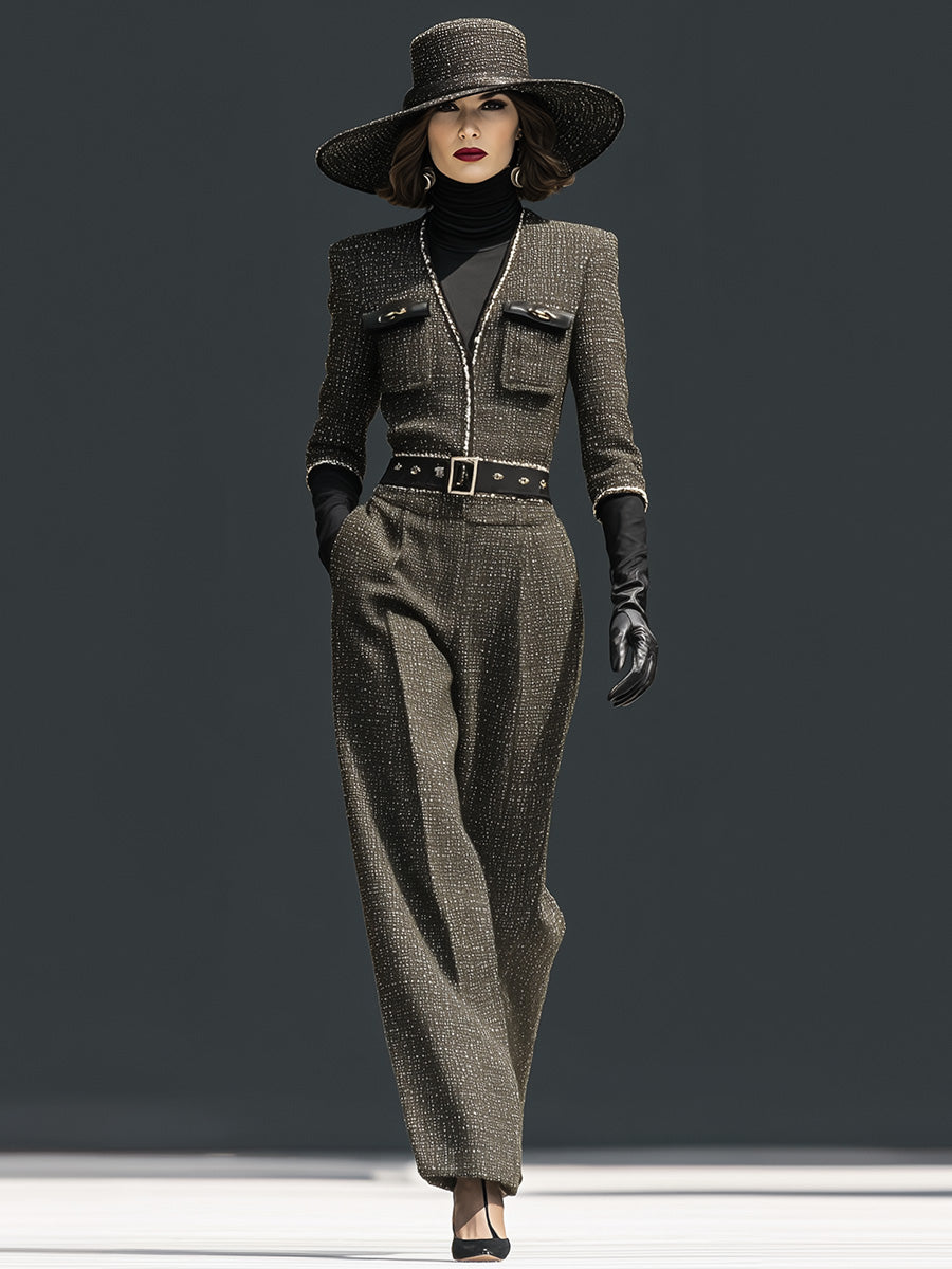 Exquisite Vintage Gray-green Tweed V-neck Silver Trim Three-quarter Sleeve Jumpsuit