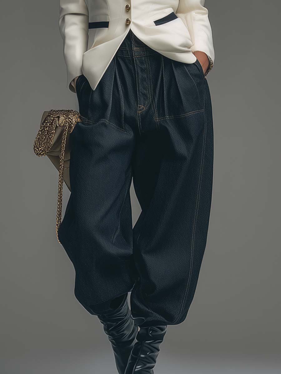 Versatile And Fashionable Urban Pleated Pocket Dark Blue Denim Tapered Pants