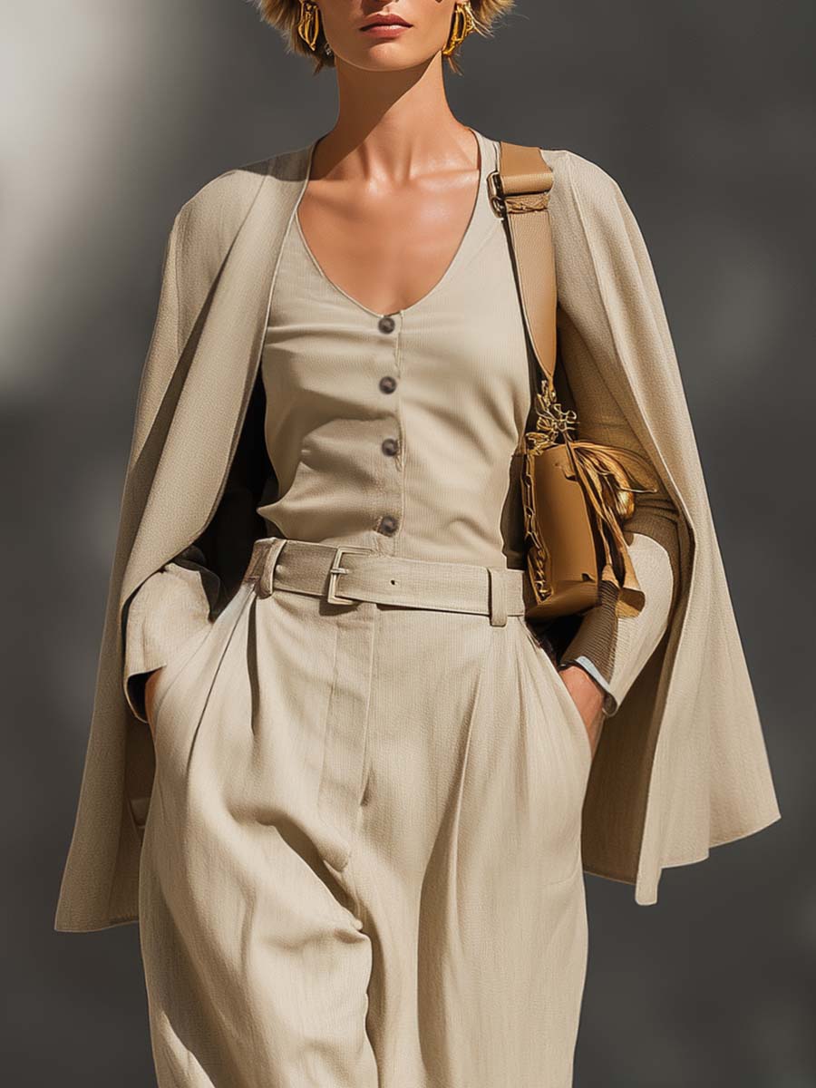 Temperament Street Urban Beige Fake Two-piece Design Shawl Style V-neck Front Buckle Belt Jumpsuit
